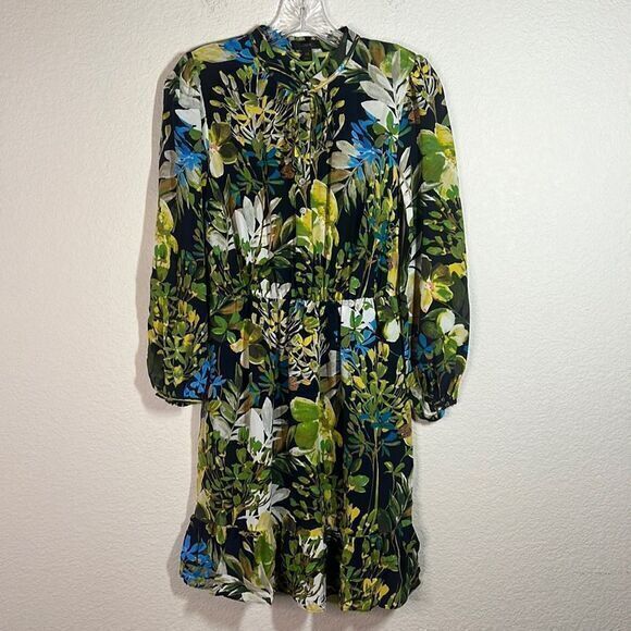 J. Crew Floral Green Long Sleeves Button Front Midi 100% Silk‎ Dress Women's XXS - Picture 1 of 6